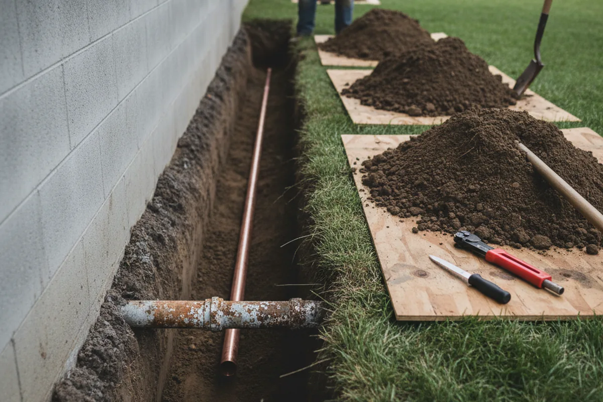 Excavated water line trench during Sewer Line Repair in Oak Forest